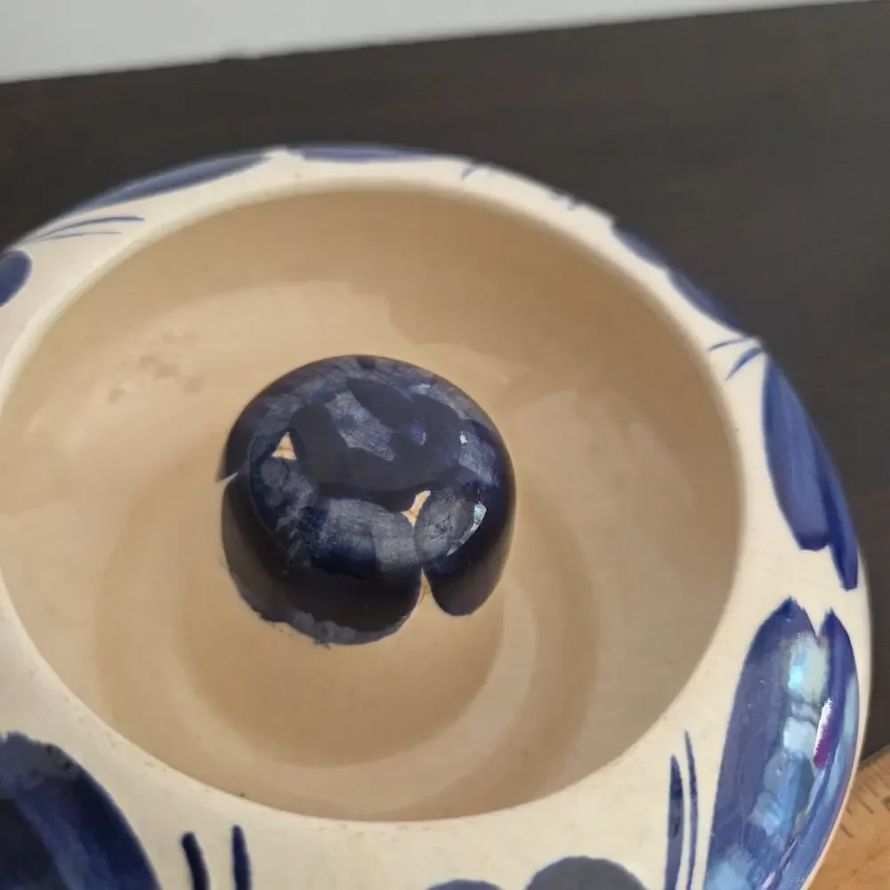 Vintage Mexican Pottery Covered Ashtray Blue White Floral Hecho En Mexico 8